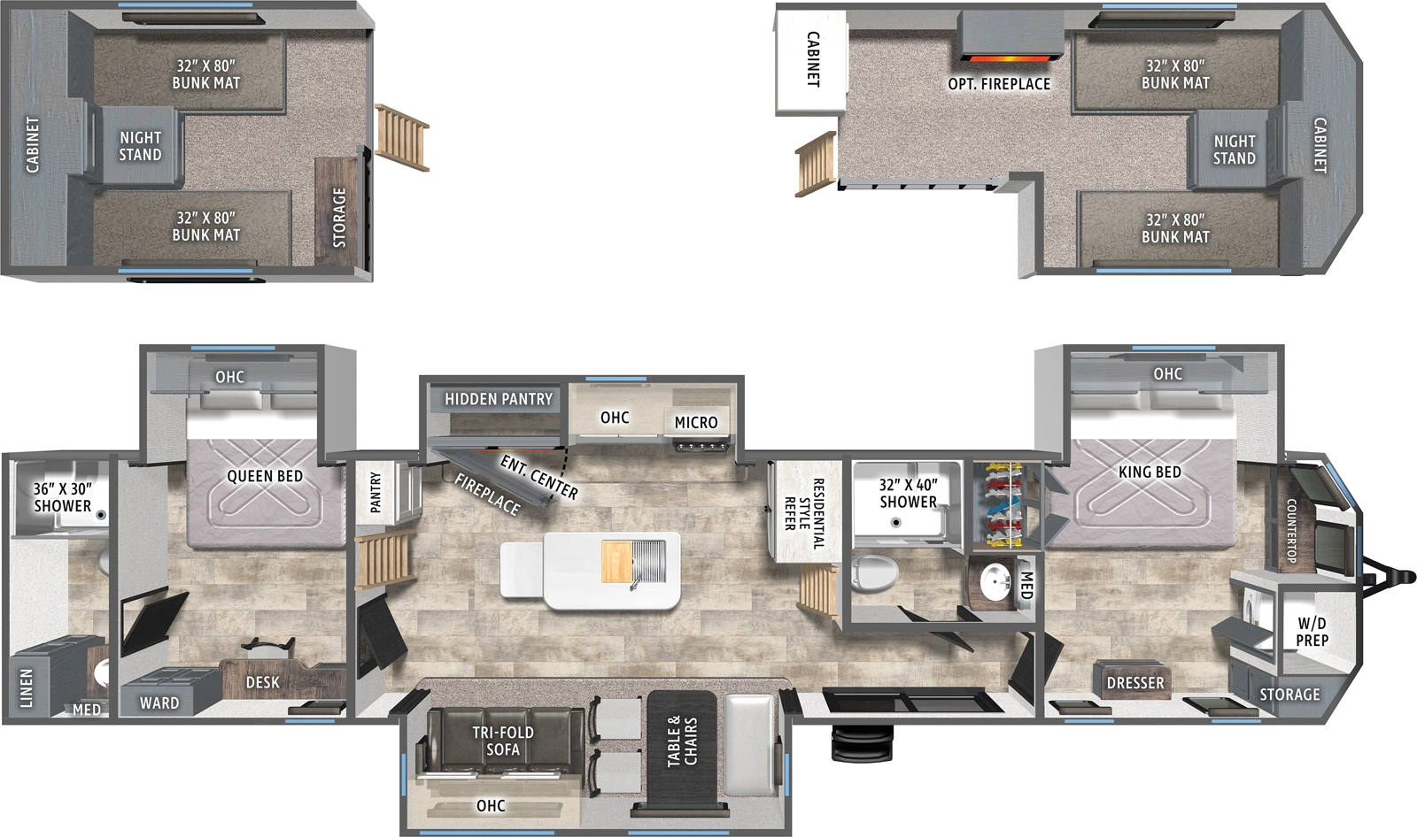 The Puma Destination 421LFT floorplan has one entry and four slide outs. Exterior features include: metal exterior. Interiors features include: loft, kitchen island, free-standing dinette option, front bedroom, two bedrooms and rear bathroom.